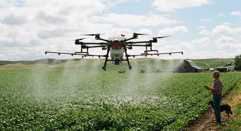 Create a picture of a drone, spraying over a farm