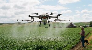 Create a picture of a drone, spraying over a farm
