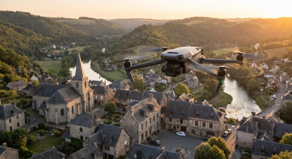 Create a drone flying over a small town, no text