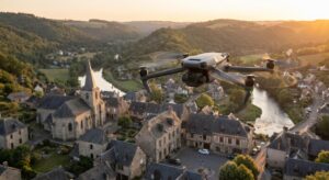 Create a drone flying over a small town, no text